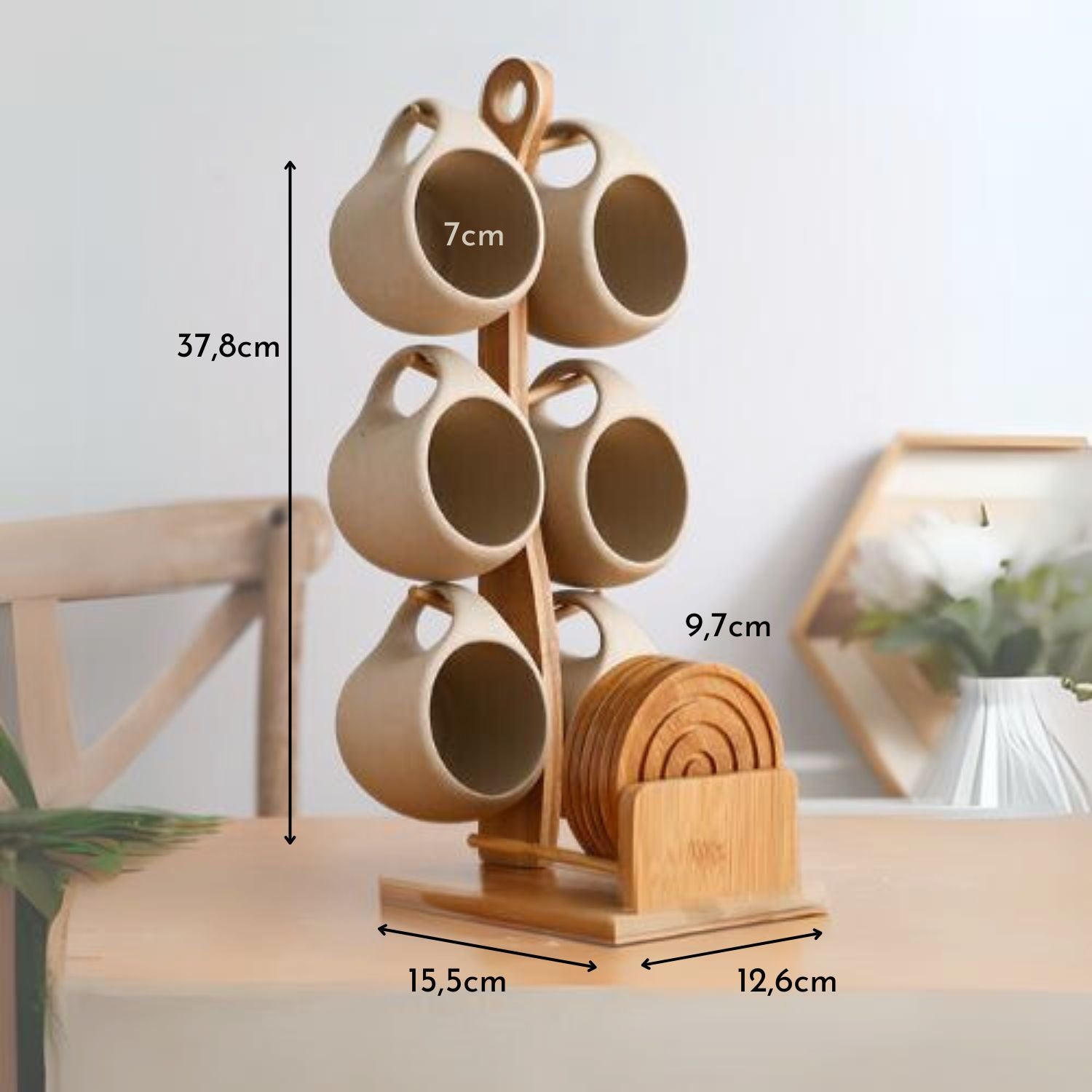 Bela Ceramic Cup Set | 6 Nordic Cups with Bamboo Stand & Coasters
