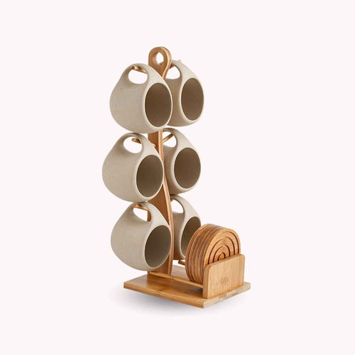 Bela Ceramic Cup Set | 6 Nordic Cups with Bamboo Stand & Coasters