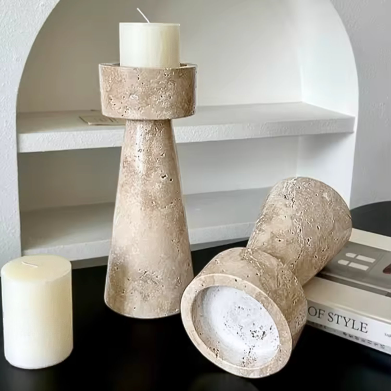 Bela Travertine Marble Candle Holder | Sculptural Design, 25 cm Height