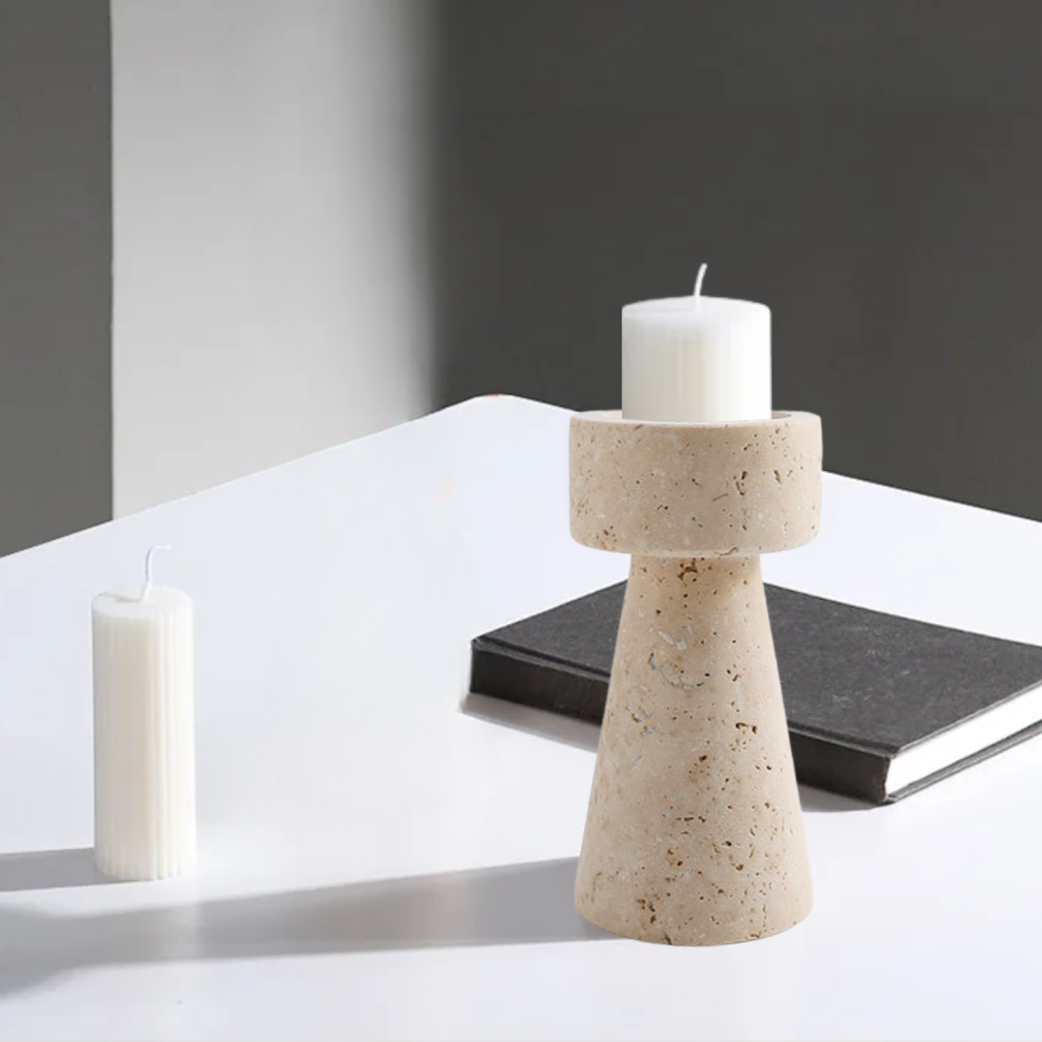 Bello Candle Holder Tower | Natural Travertine Marble, 20cm