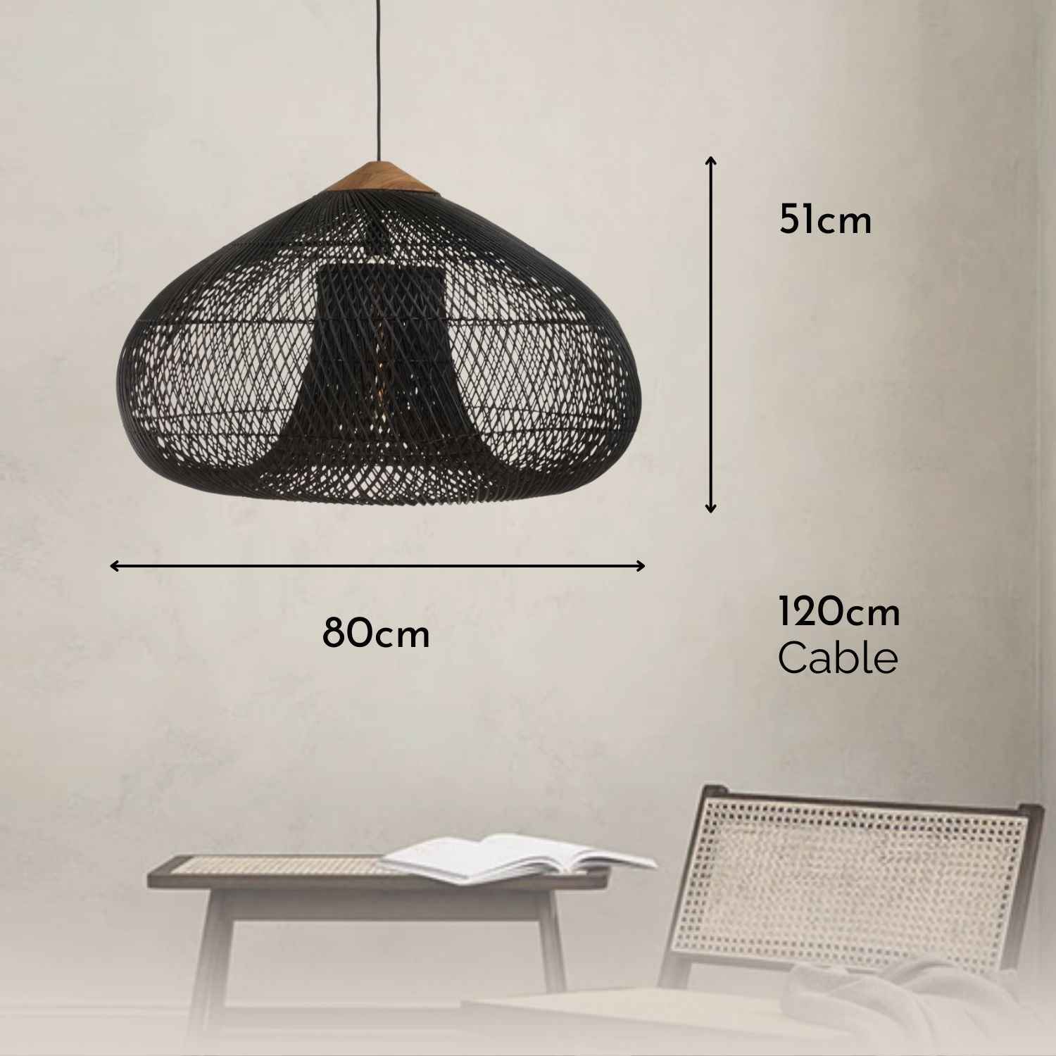 Ethereal – Black Boho Rattan Pendant Lamp 80cm