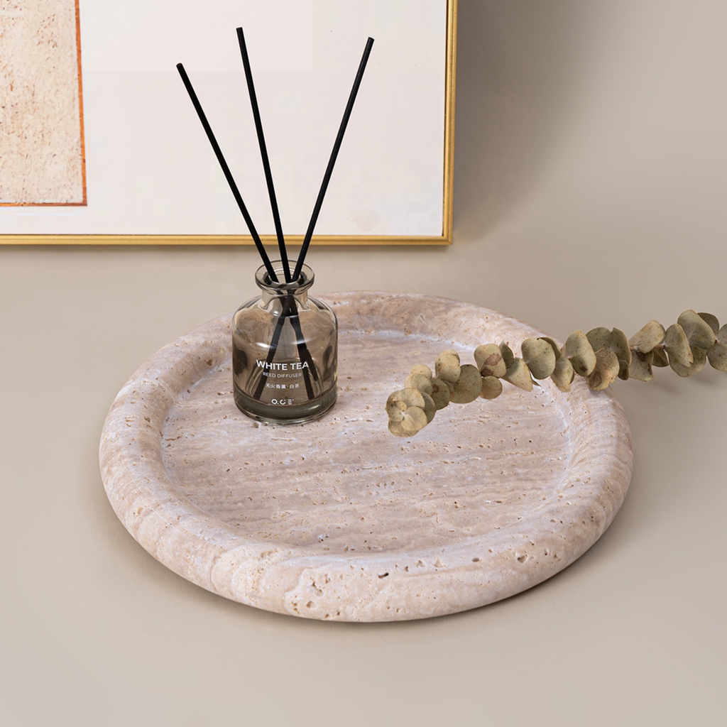 Bela Round Stone Tray | Amber Travertine, 20 cm Diameter