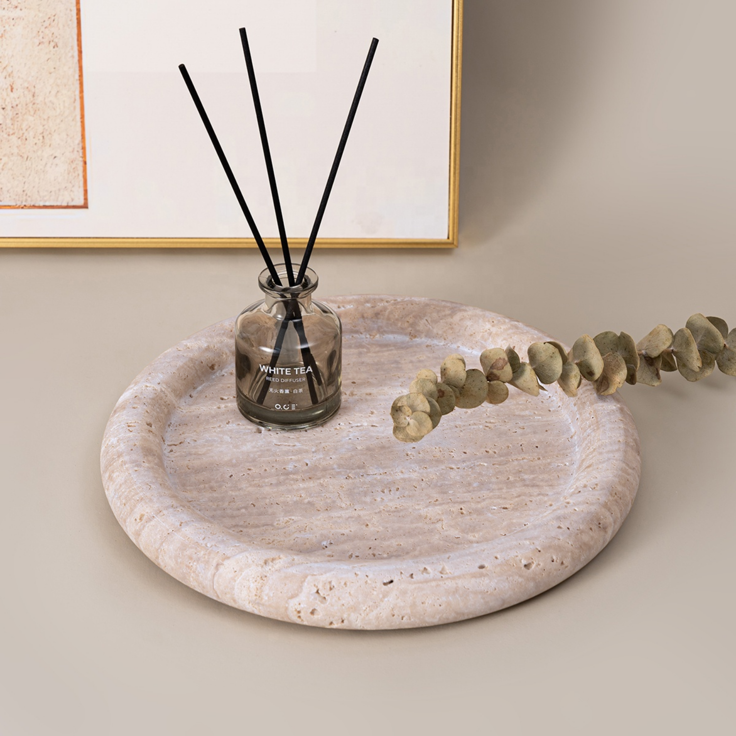 Bela Round Stone Tray | Amber Travertine, 20 cm Diameter