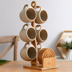 Bela Ceramic Cup Set | 6 Nordic Cups with Bamboo Stand & Coasters