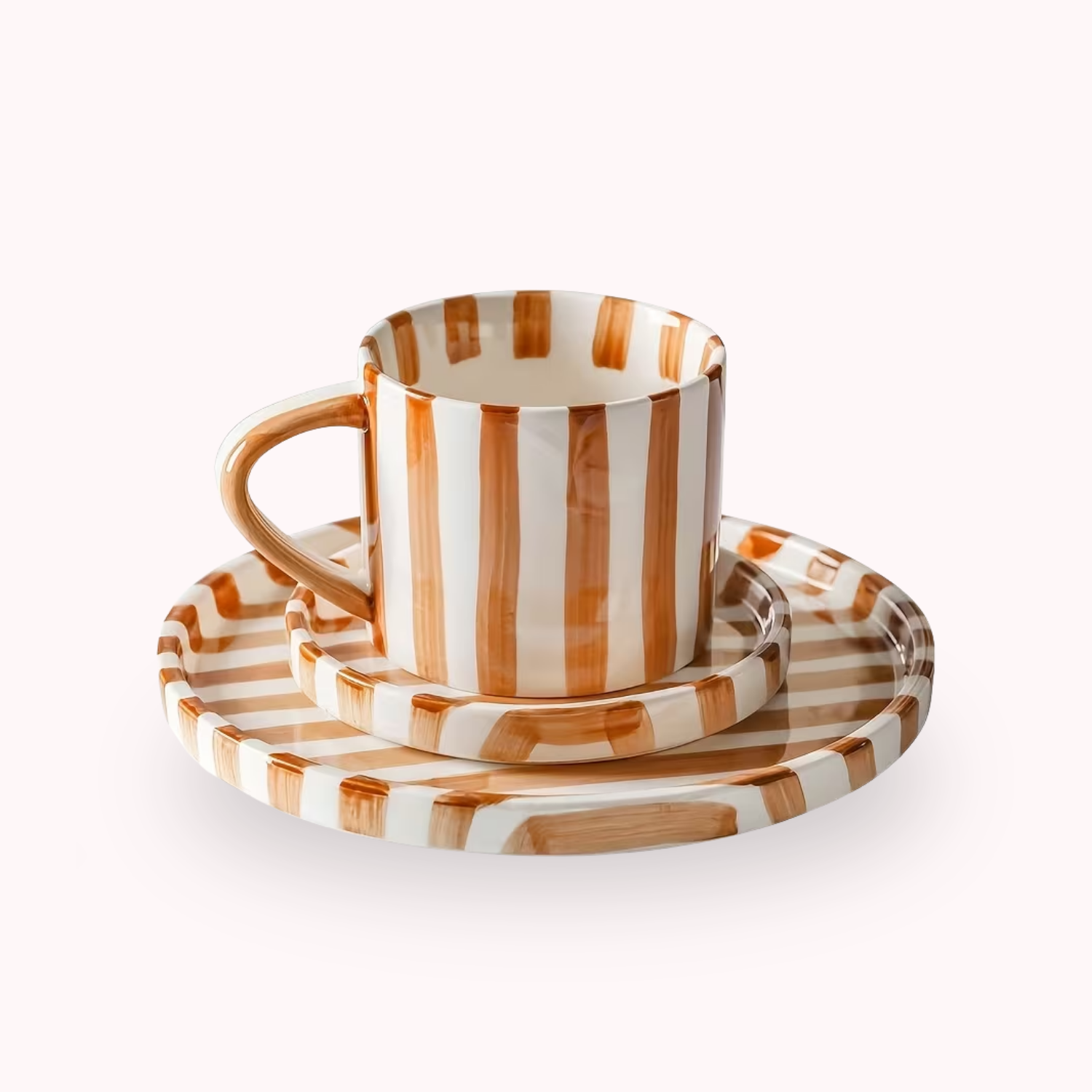 Brio Vintage Stripe Plate and Cup Set | Hand-Painted Ceramic 3 pcs