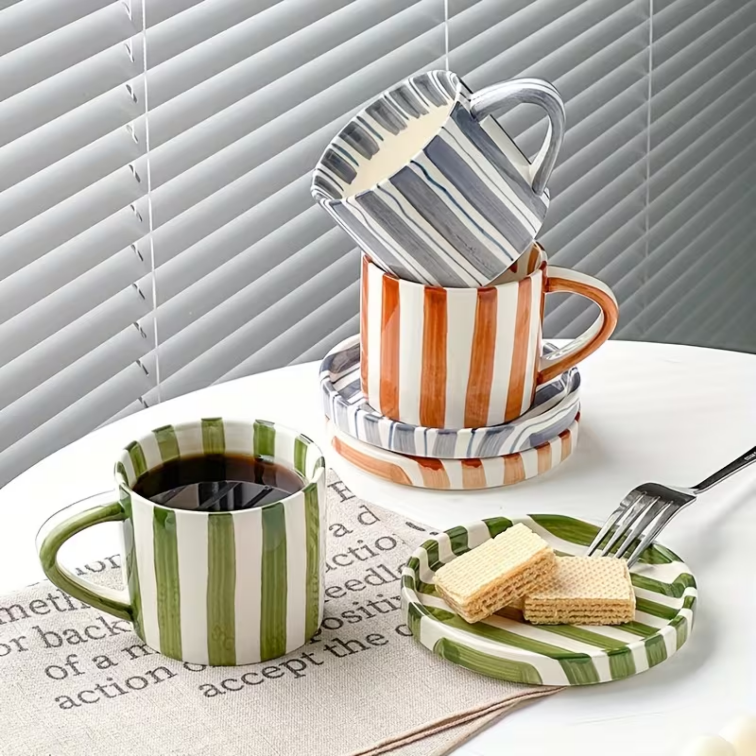 Brio Vintage Stripe Plate and Cup Set | Hand-Painted Ceramic 3 pcs