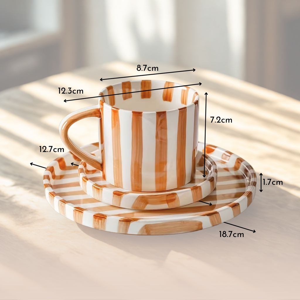 Brio Vintage Stripe Plate and Cup Set | Hand-Painted Ceramic 3 pcs