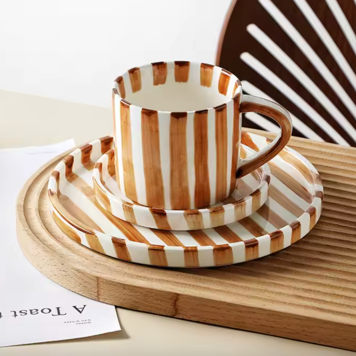 Brio Vintage Stripe Plate and Cup Set | Hand-Painted Ceramic 3 pcs