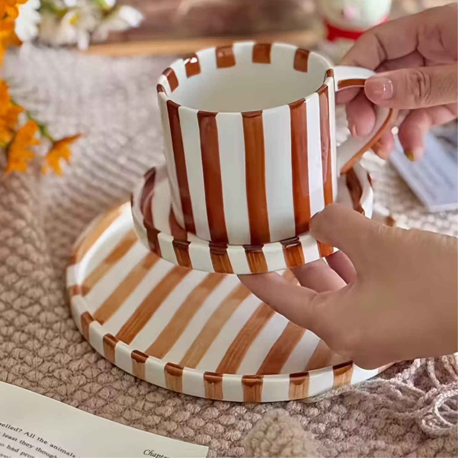 Brio Vintage Stripe Plate and Cup Set | Hand-Painted Ceramic 3 pcs