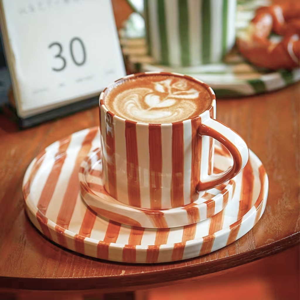 Brio Vintage Stripe Plate and Cup Set | Hand-Painted Ceramic 3 pcs