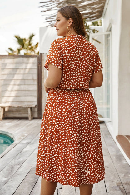 Effortless Midi Dress for Women Print Collared Short-Sleeve