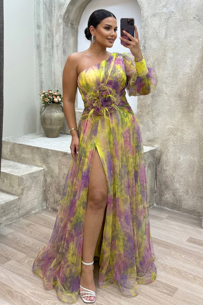 Elegant Maxi Dress for Women One-Shoulder Floral-Print Tulle