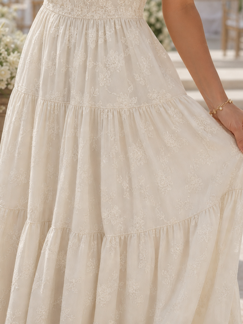 Elegant Textured Midi Dress for Women Square-Neck Flutter-Sleeve Tiered