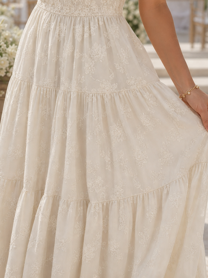 Elegant Textured Midi Dress for Women Square-Neck Flutter-Sleeve Tiered