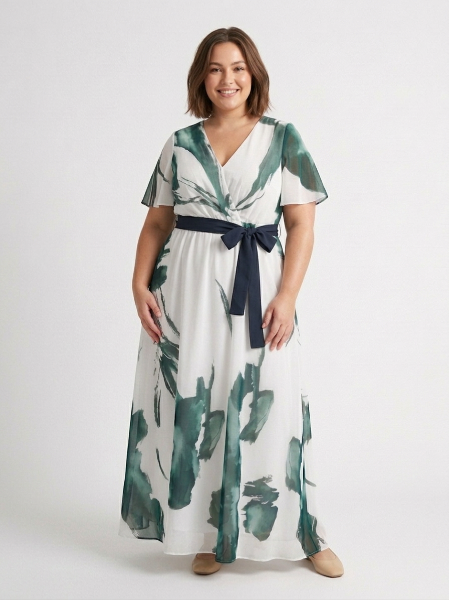 Elegant Maxi Dress for Women Wrap Flutter-Sleeve Belted