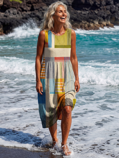 Stylish Color-Block Midi Dress for Women Sleeveless Patchwork