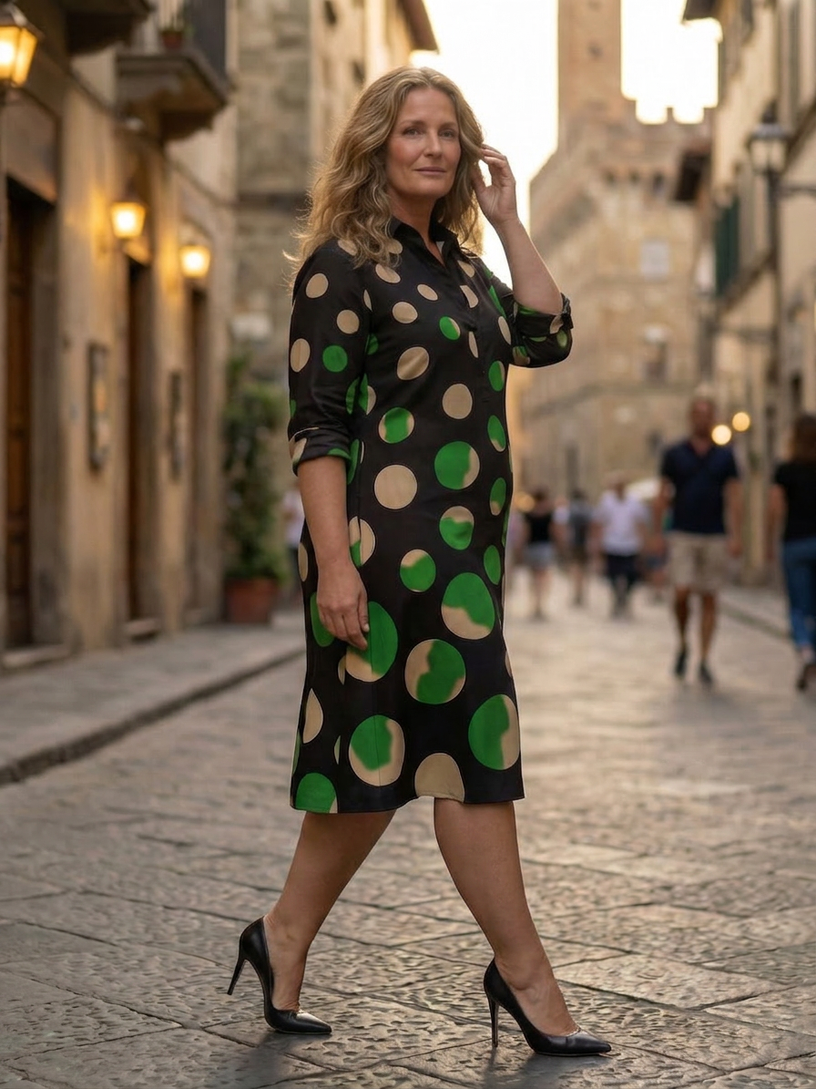 Stylish Knee-Length Dress for Women Collared Polka-Dot Three-Quarter-Sleeve — Black Green