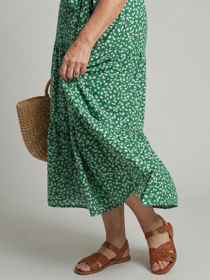 Effortless Floral Print Wrap Midi Dress for Women — Green