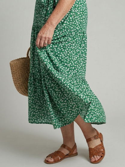 Effortless Floral Print Wrap Midi Dress for Women — Green