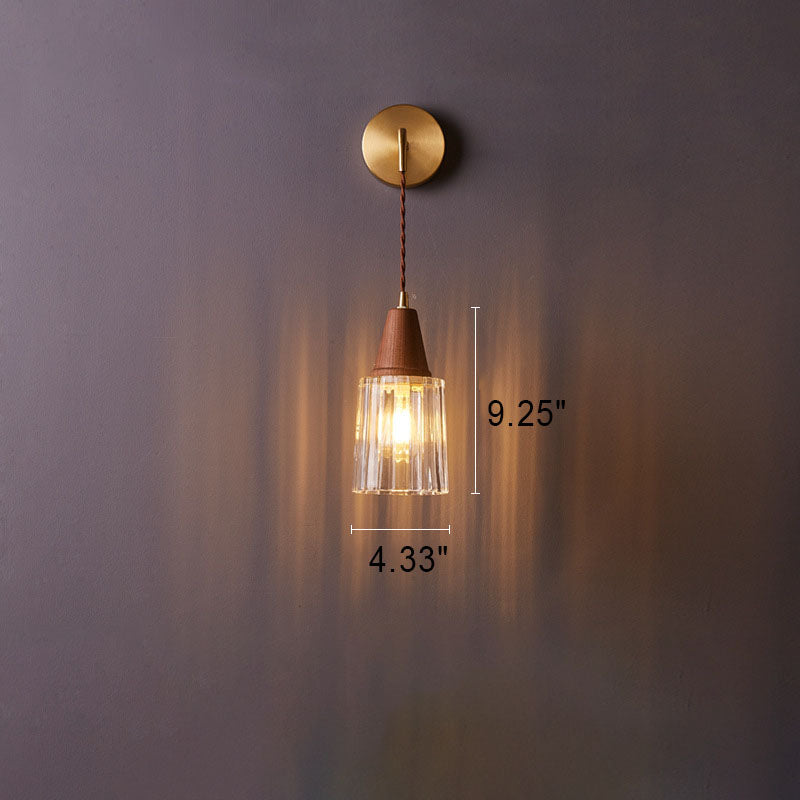 1-Light Wall Sconce Lamp with Japanese Walnut, Glass, and Copper Cylinder Design