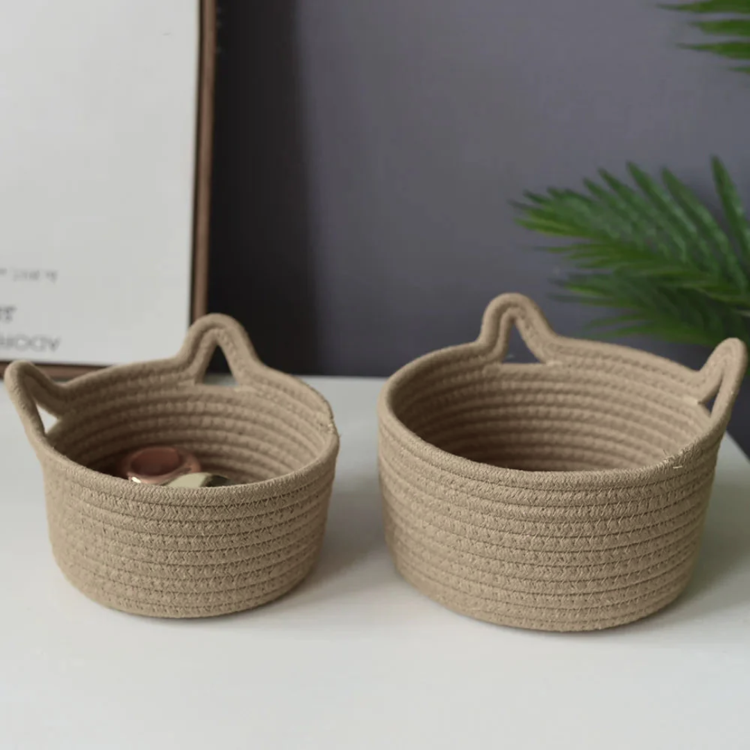 Desktop Storage Basket, Cat Ear Design, Cotton Rope Material, Natural Color