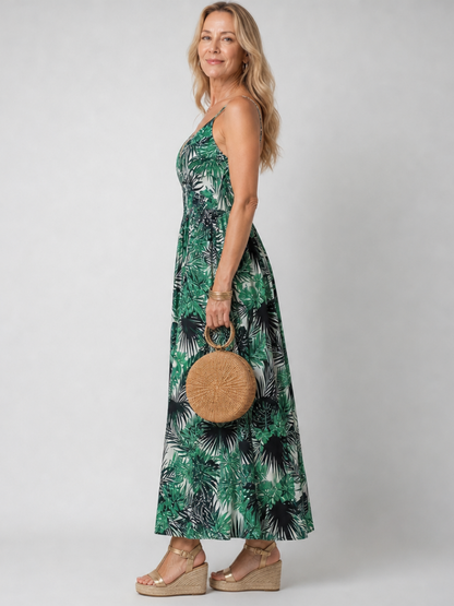 Elegant Tropical Maxi Dress for Women Spaghetti Strap Smocked
