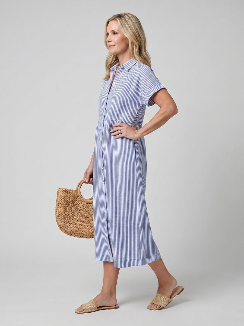 Stylish Striped Shirt Dress for Women Short Sleeve