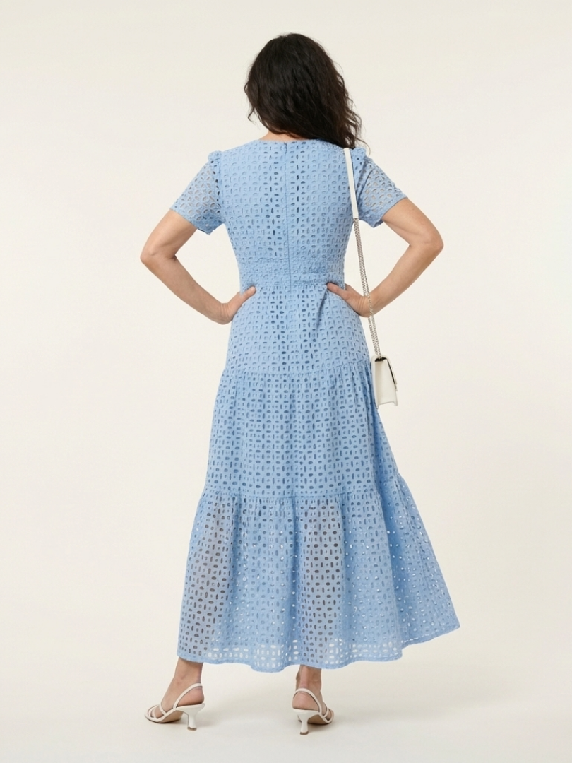 Effortless Eyelet Maxi Dress for Women V-Neck Tiered Short-Sleeve