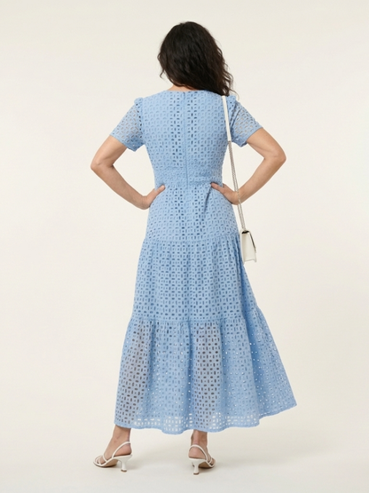 Effortless Eyelet Maxi Dress for Women V-Neck Tiered Short-Sleeve