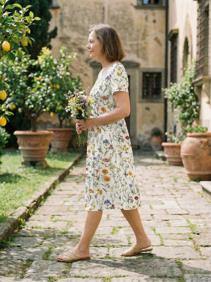 Effortless Floral Midi Dress for Women Short-Sleeve Pintuck