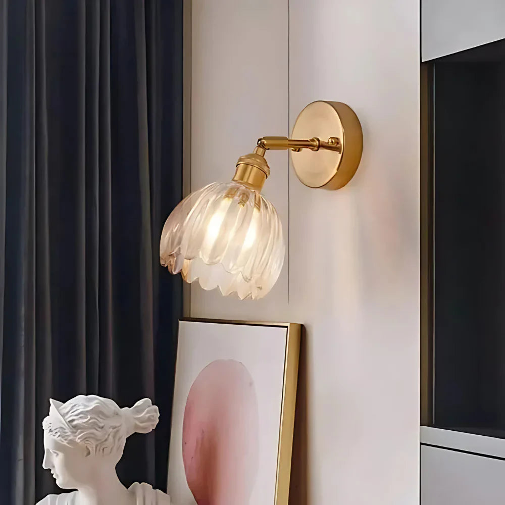 Vintage Brass Tulip Glass Wall Sconce 1-Light
