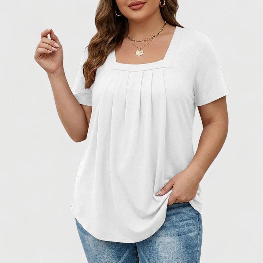 Elegant Blouse for Women Square-Neck Short-Sleeve Pleated