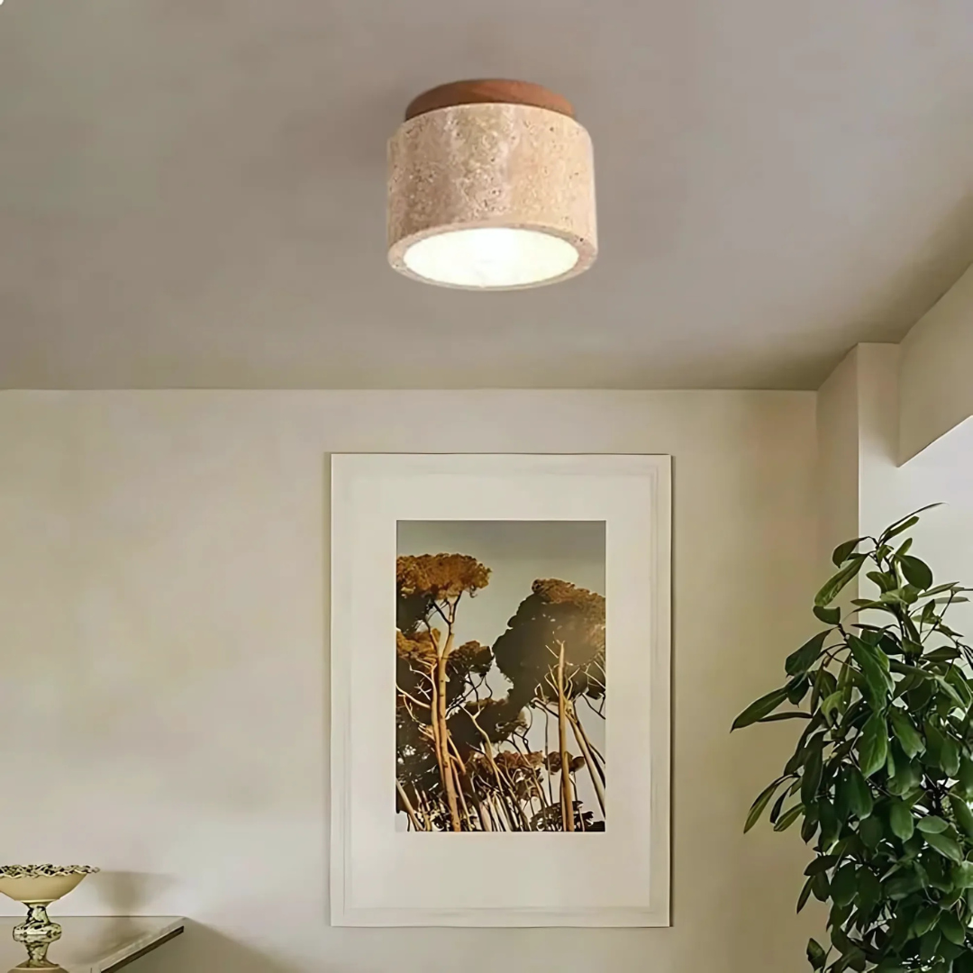 Radia - Cylinder-shaped Travertine Ceiling Lamp with Wooden Accent