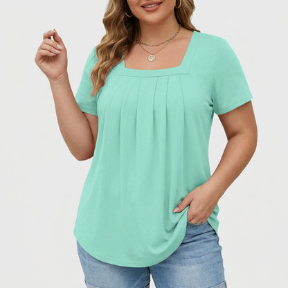Elegant Blouse for Women Square-Neck Short-Sleeve Pleated