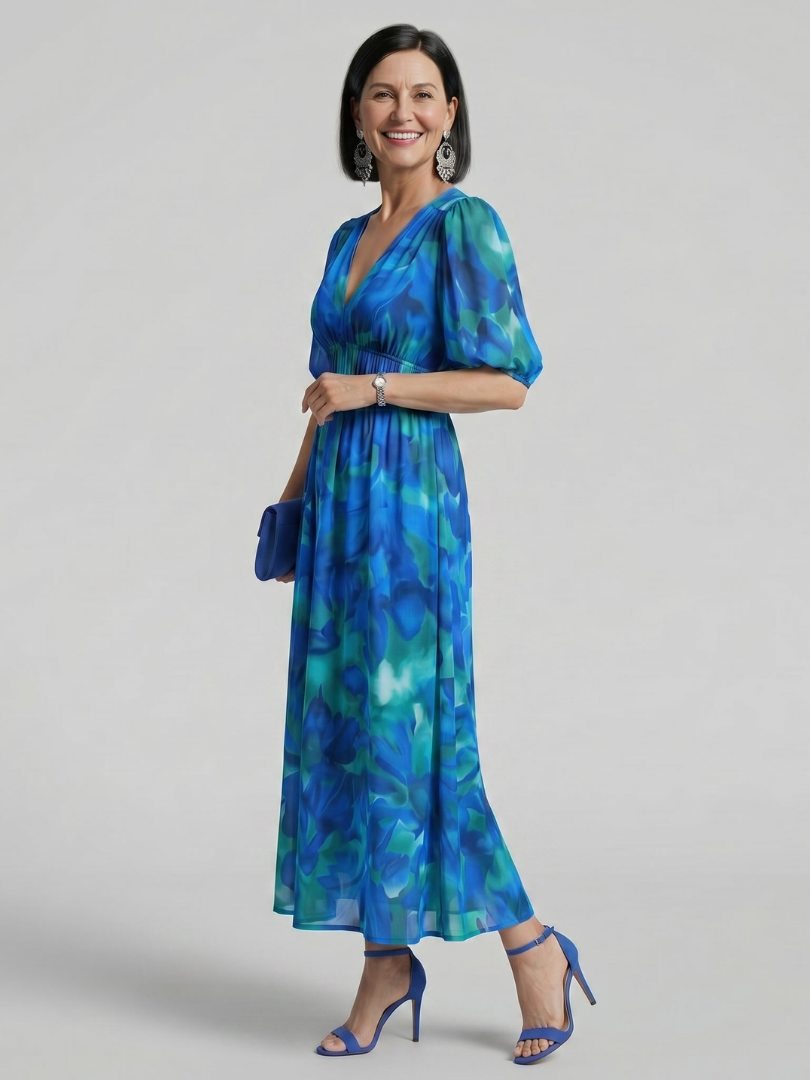 Elegant Maxi Dress for Women Abstract Print Puff-Sleeve