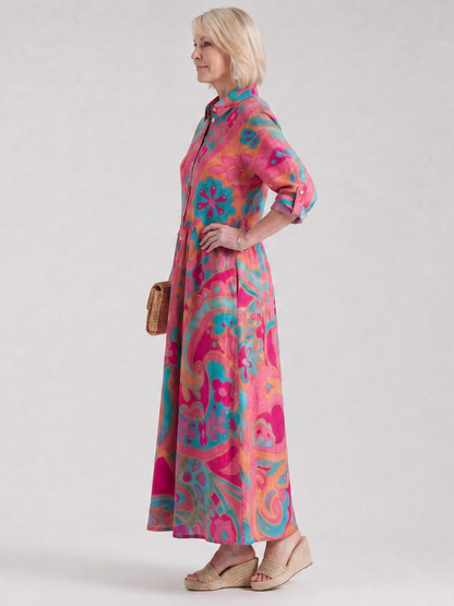 Stylish Paisley Maxi Shirt Dress for Women Button-Front