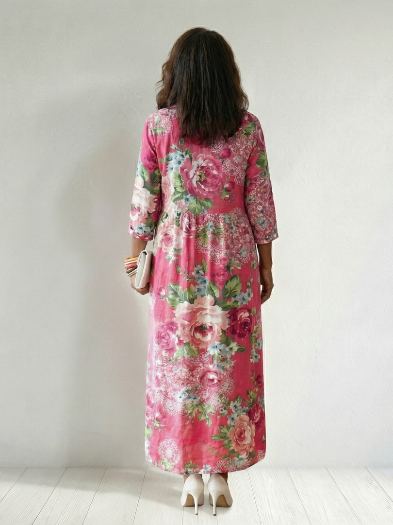 Elegant Maxi Dress for Women Floral V-Neck Tiered — Pink