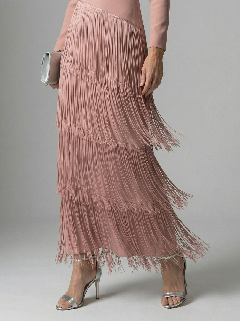 Elegant Fringe Layered Long Sleeve Maxi Dress for Women