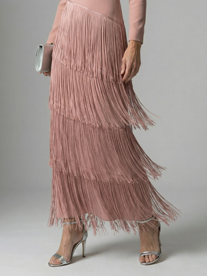 Elegant Fringe Layered Long Sleeve Maxi Dress for Women