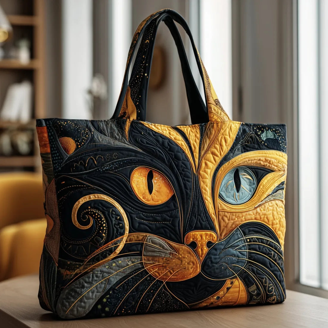 Stylish Tote Bag for Women Cat-Print Quilted Top-Handle — Black