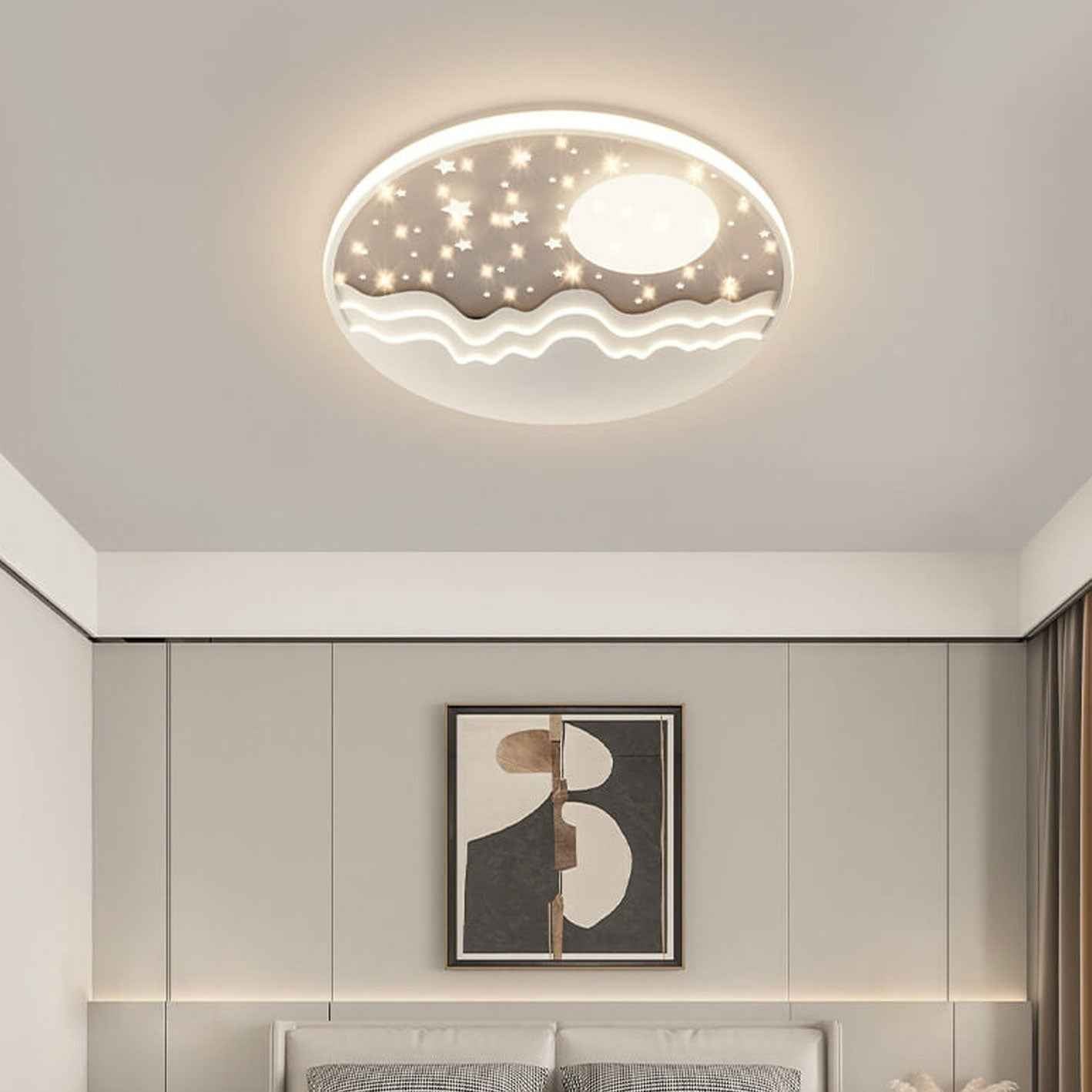 Nordic-Inspired Round Aluminum LED Flush Mount Ceiling Light with Star and Moon Design
