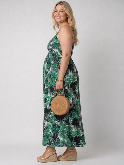 Elegant Maxi Dress for Women V-Neck Sleeveless Tropical-Print