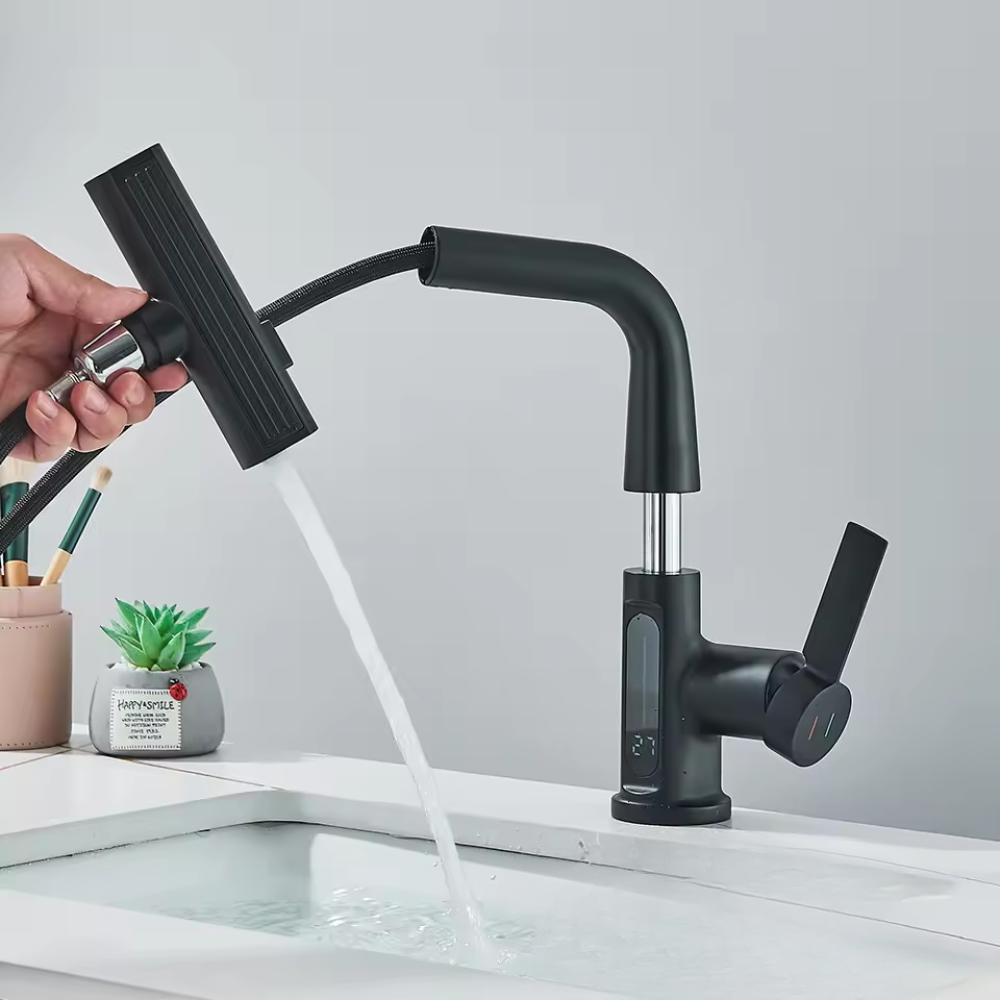 Nytheria - Waterfall Bathroom Faucet with Digital Temperature Display and Pull-Out Spout