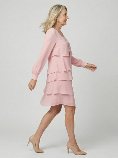 Elegant Layered Dress for Women Long-Sleeve Knee-Length