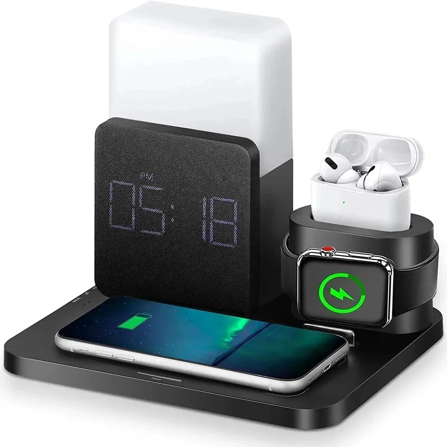 Wireless Charging Station with Alarm Clock and Adjustable Lamp, 15W Output