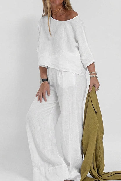 Effortless Two-Piece Set for Women Round-Neck Short-Sleeve Wide-Leg