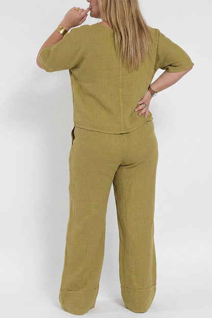 Effortless Two-Piece Set for Women Round-Neck Short-Sleeve Wide-Leg