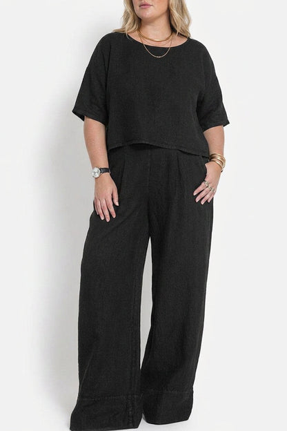 Effortless Two-Piece Set for Women Round-Neck Short-Sleeve Wide-Leg
