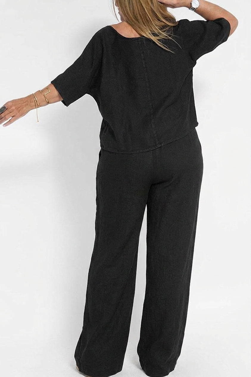 Effortless Two-Piece Set for Women Round-Neck Short-Sleeve Wide-Leg