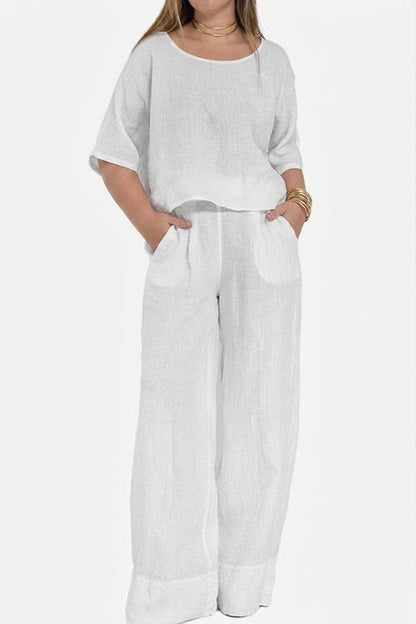 Effortless Two-Piece Set for Women Round-Neck Short-Sleeve Wide-Leg